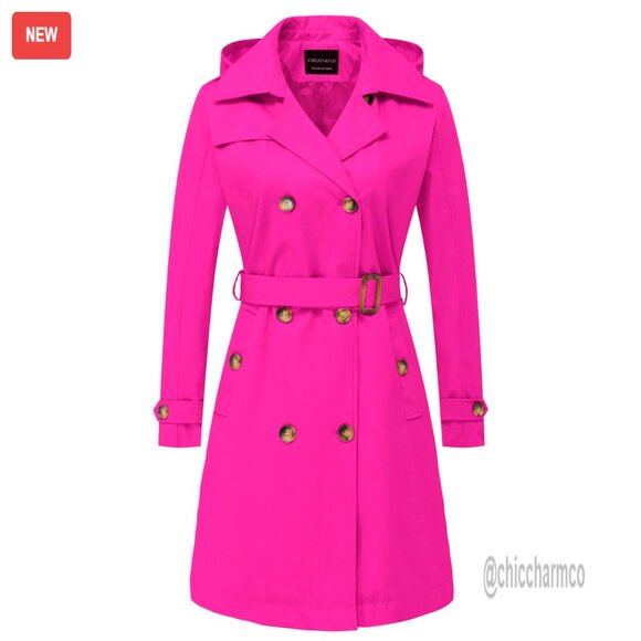 Women's Long Trench Coat Double-Breasted Belted Slim Fit Detachable Hood